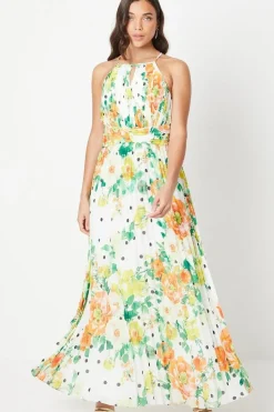 Petite All Over Pleated Georgette Halter Neck Maxi Dress