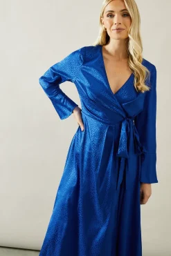 Petite Animal Satin Jacquard Wrap Midi Dress