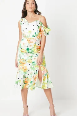 Petite Asymmetric Shoulder Satin Midi Dress