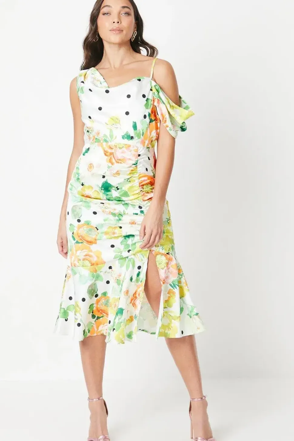Petite Asymmetric Shoulder Satin Midi Dress