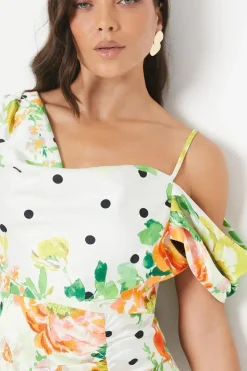 Petite Asymmetric Shoulder Satin Midi Dress