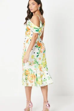 Petite Asymmetric Shoulder Satin Midi Dress