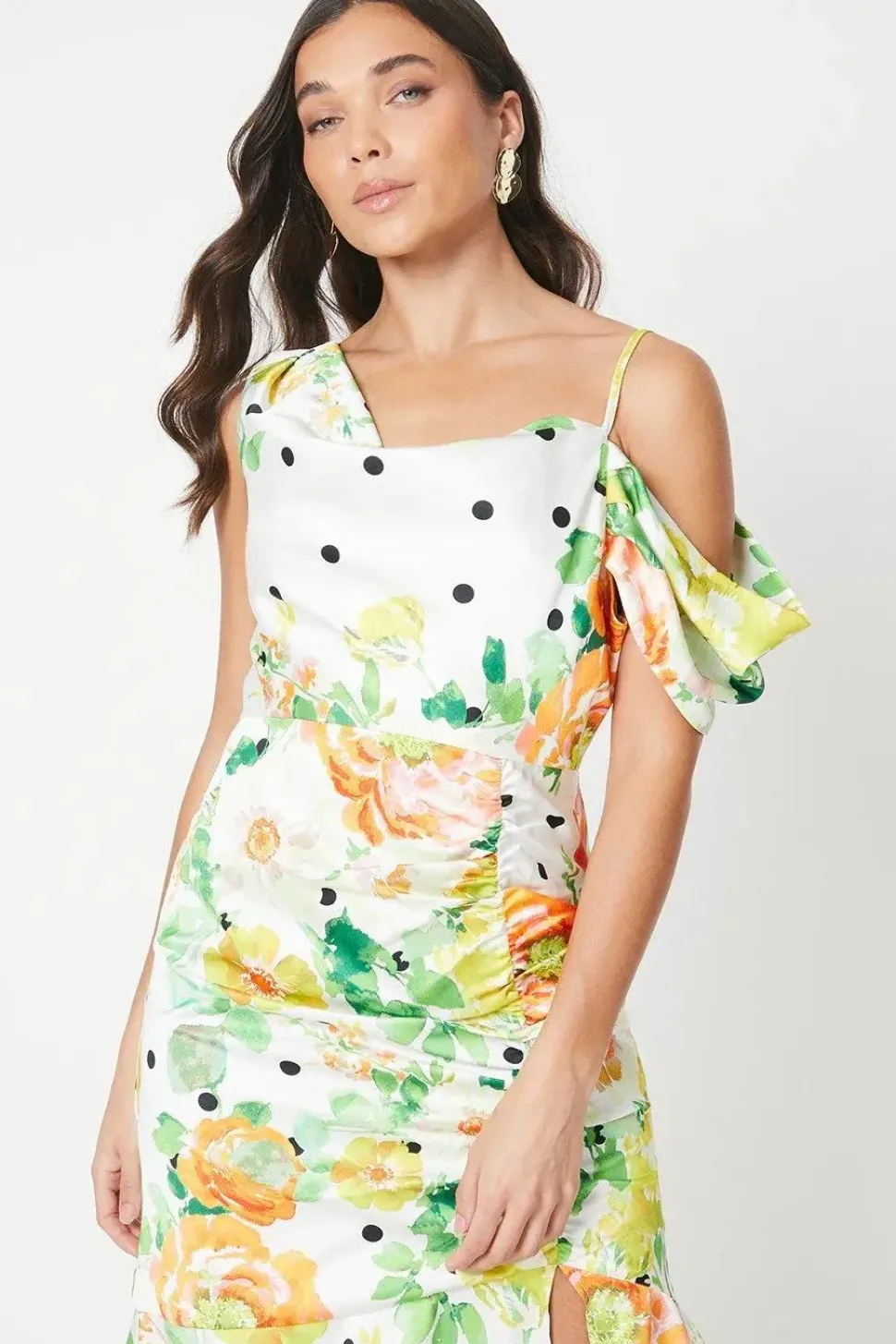 Petite Asymmetric Shoulder Satin Midi Dress