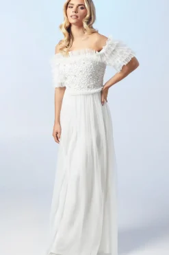 Petite Bardot Mesh And Sequin Ruffle Wedding Dress