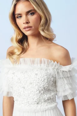 Petite Bardot Mesh And Sequin Ruffle Wedding Dress