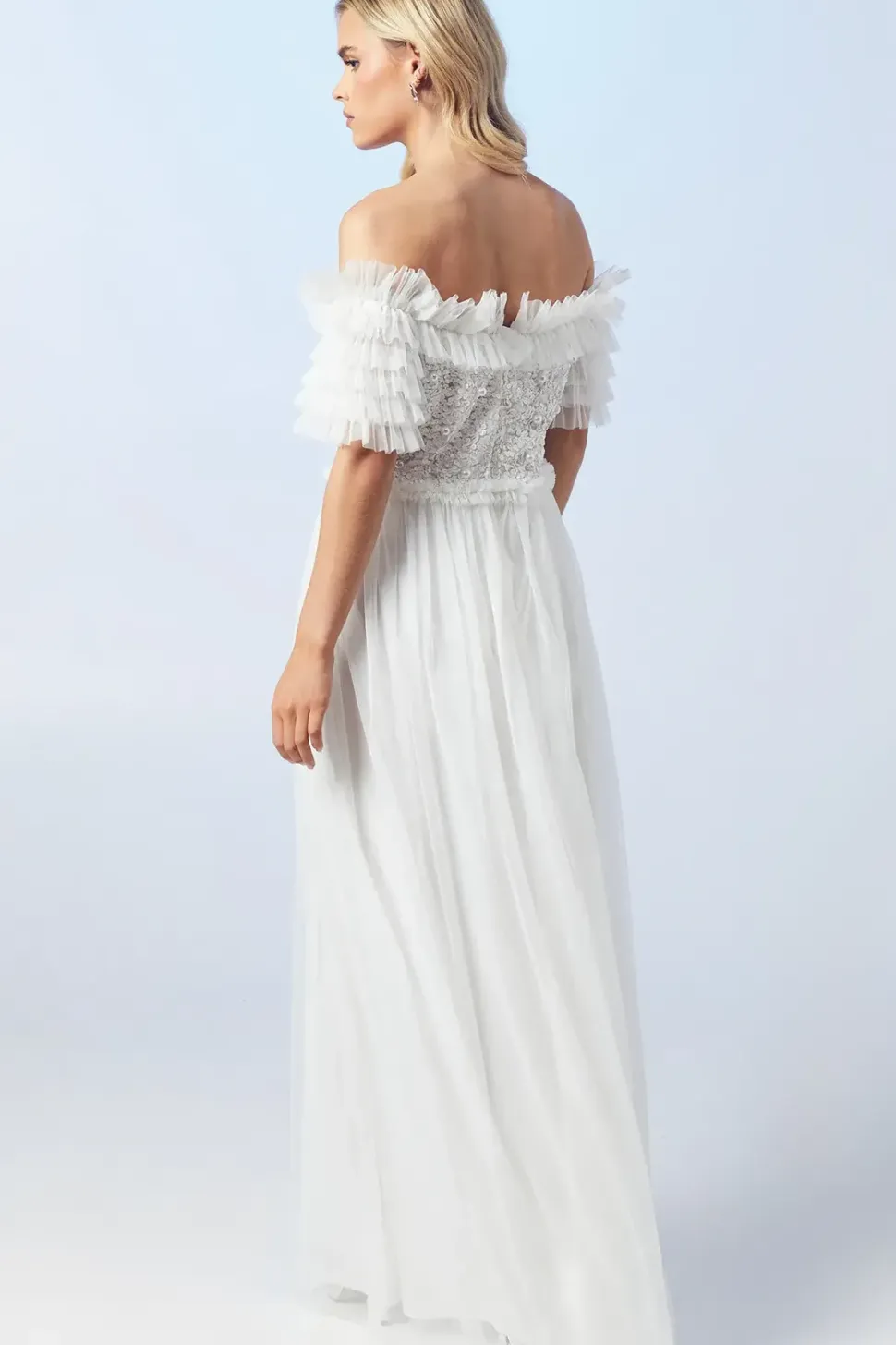 Petite Bardot Mesh And Sequin Ruffle Wedding Dress