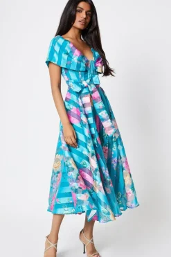 Petite Bardot Midi Dress In Stripe Organza