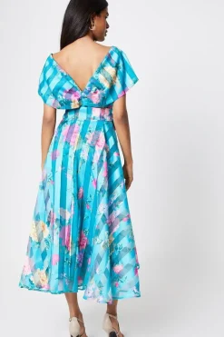 Petite Bardot Midi Dress In Stripe Organza