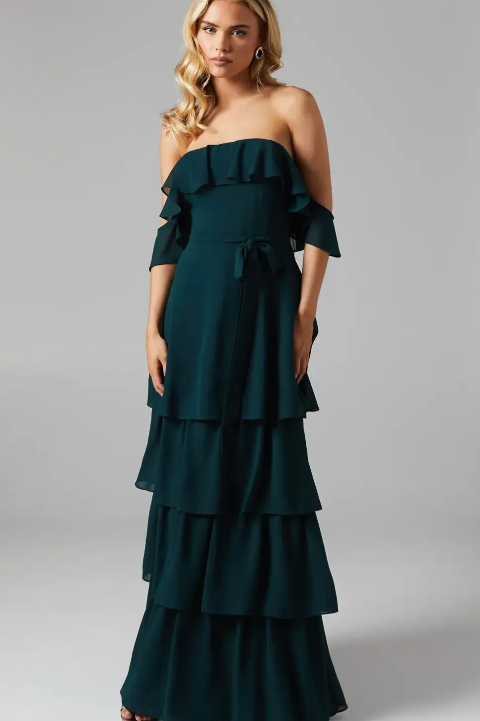 Petite Bardot Tiered Georgette With Tie Detail Bridesmaids Dress