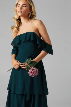 Petite Bardot Tiered Georgette With Tie Detail Bridesmaids Dress