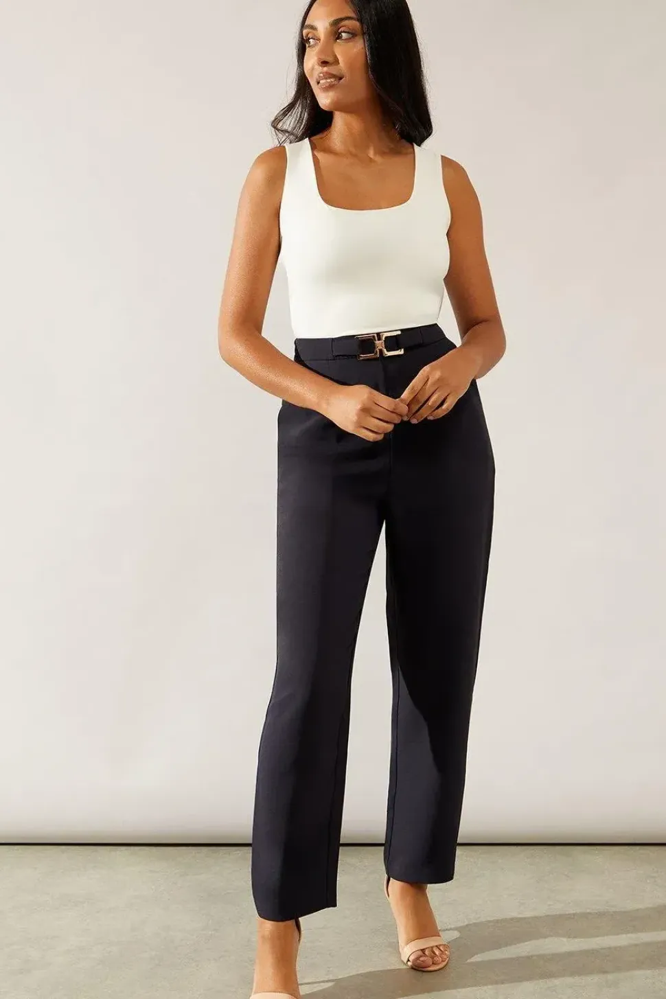 Petite Belt Detail Straight Tailored Trouser