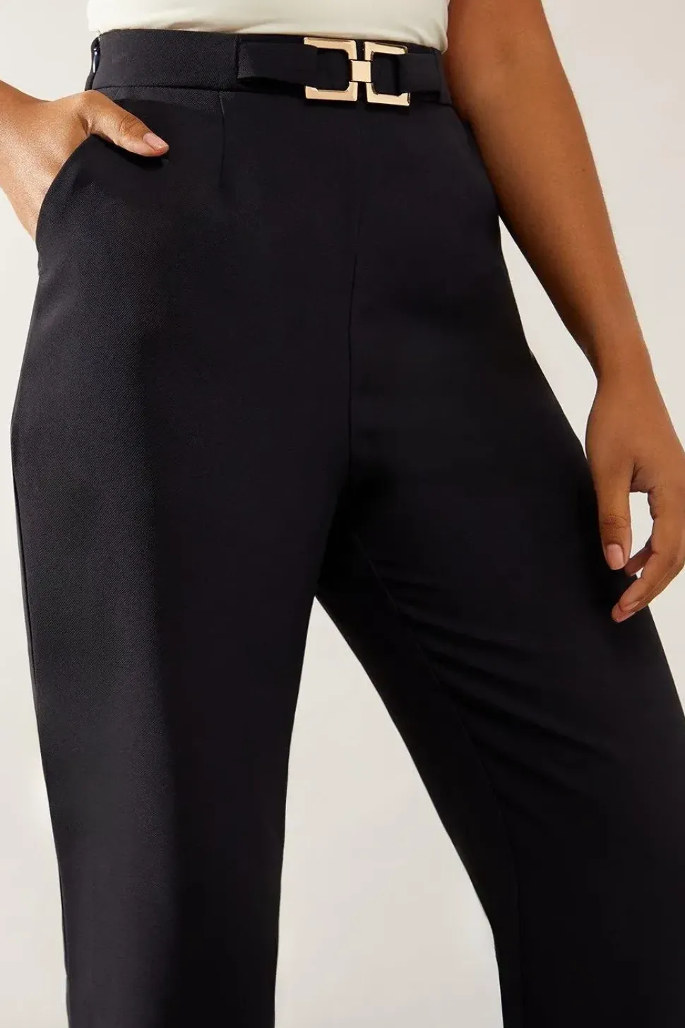 Petite Belt Detail Straight Tailored Trouser
