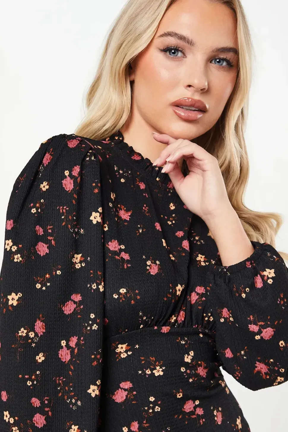 Petite Berry Ditsy Frill Shoulder Midi Dress