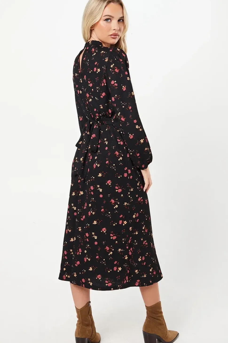 Petite Berry Ditsy Frill Shoulder Midi Dress