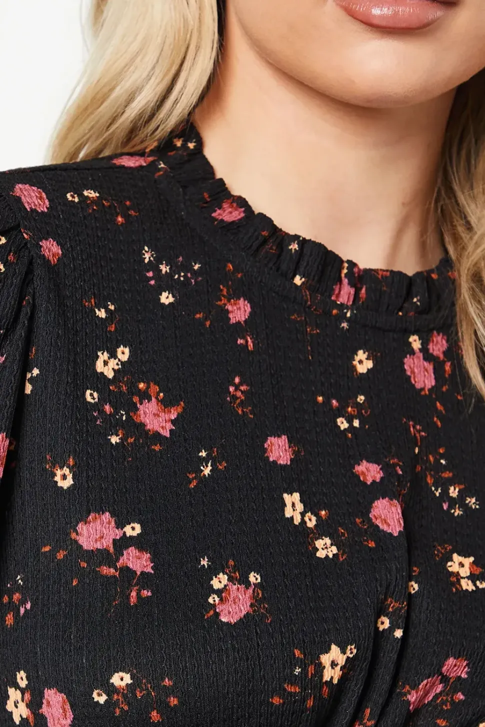 Petite Berry Ditsy Frill Shoulder Midi Dress