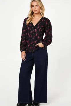 Petite Berry Ditsy Long Sleeve Lace Trim Button Front Tea Blouse