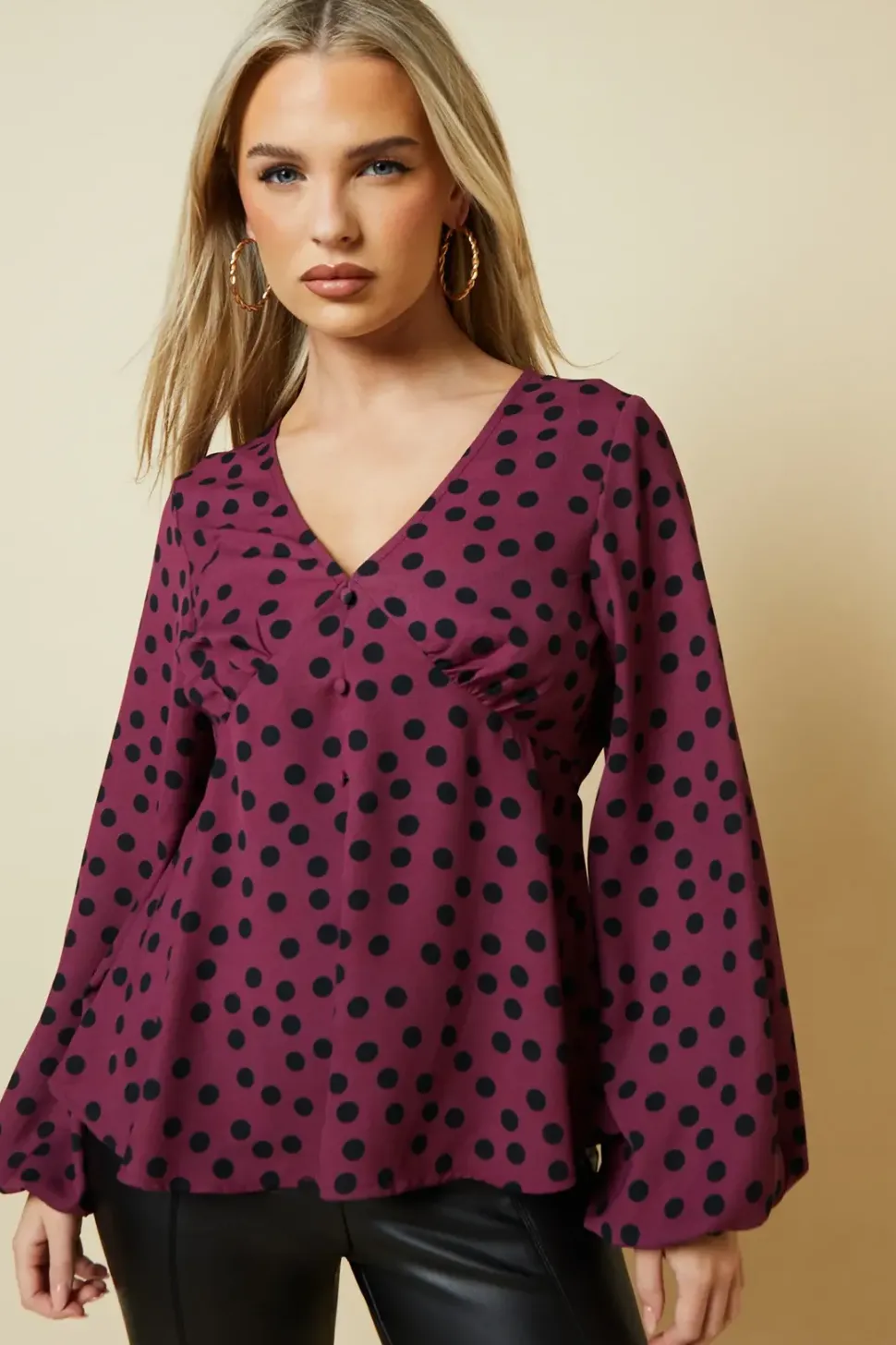 Petite Berry Spot Long Sleeve Button Front Tea Blouse