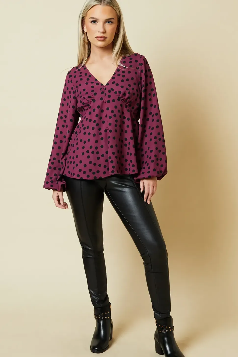 Petite Berry Spot Long Sleeve Button Front Tea Blouse
