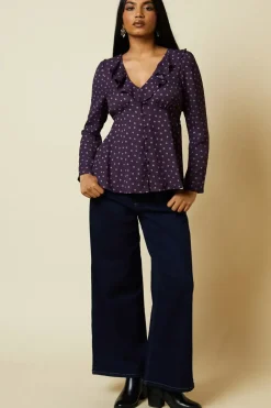 Petite Berry Spot Ruffle Neck Long Sleeve Button Front Tea Blouse