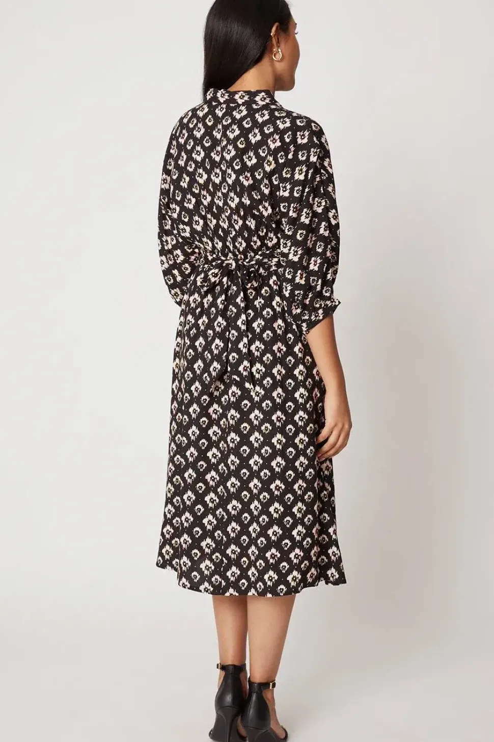 Petite Black Abstract Shirred Waist Shirt Dress