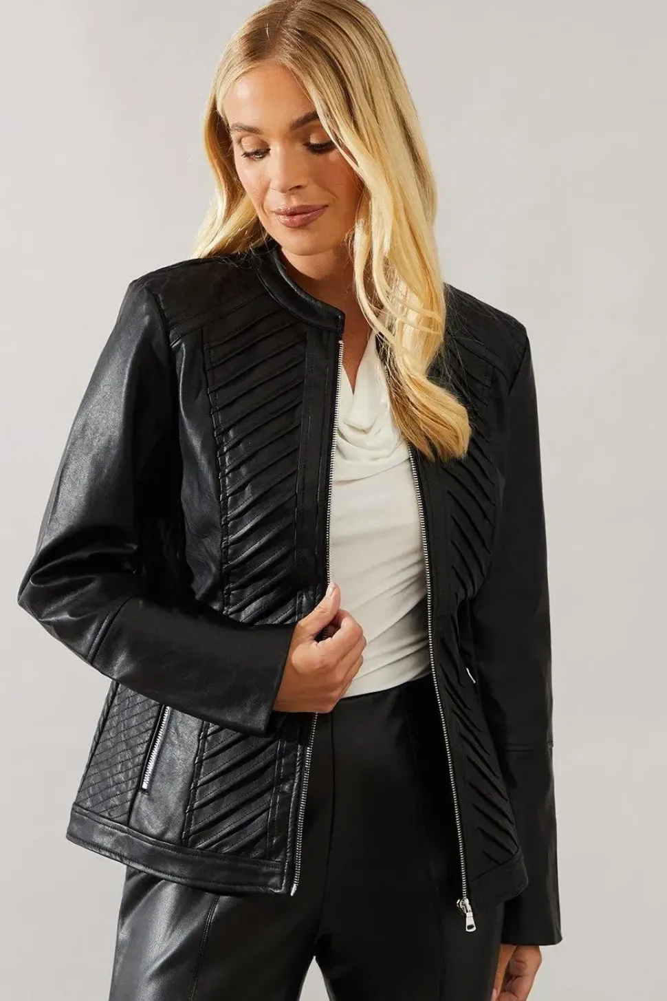 Petite Black Faux Leather Pleat Detail Jacket