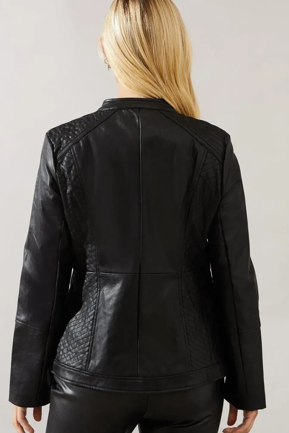 Petite Black Faux Leather Pleat Detail Jacket