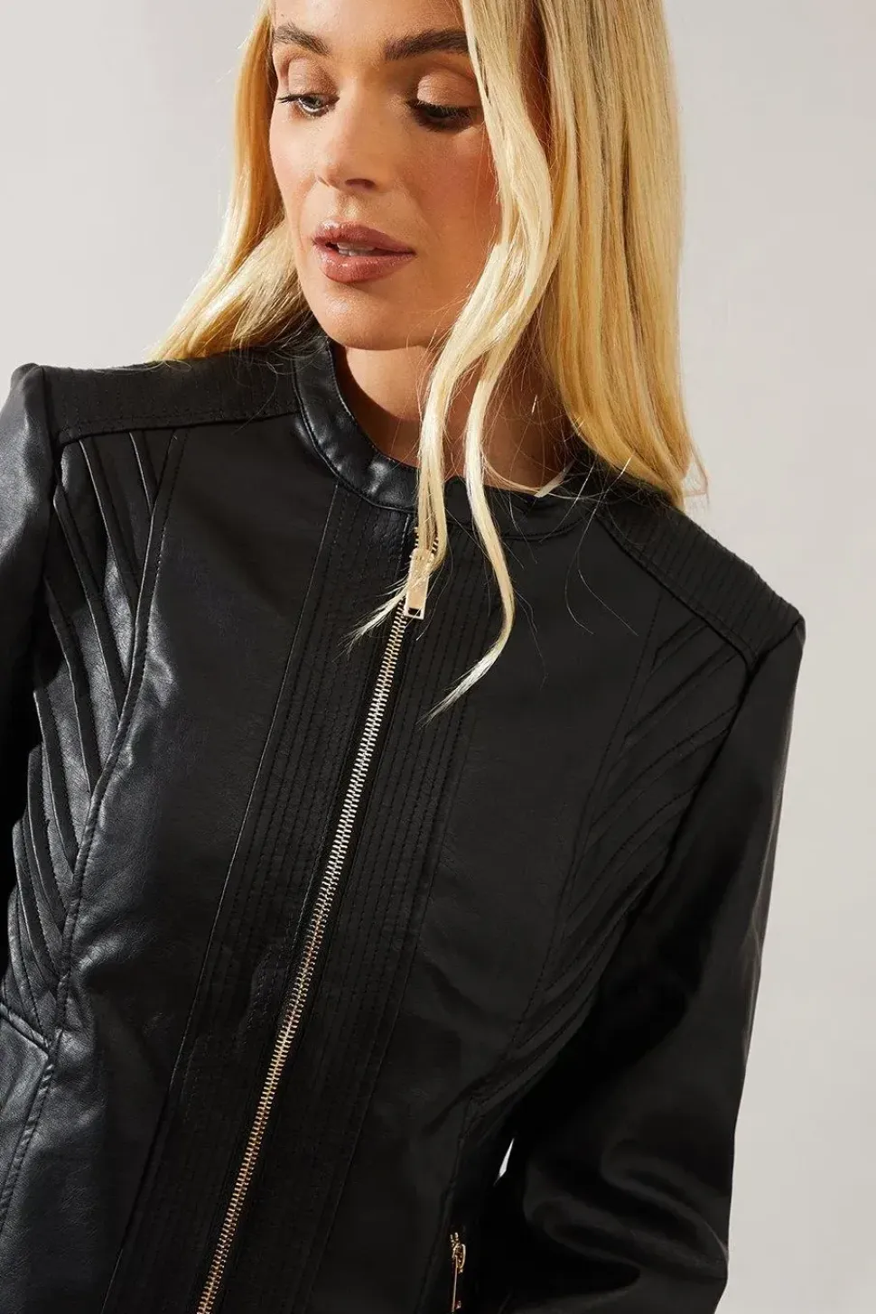 Petite Black Faux Leather Seam Detail Jacket