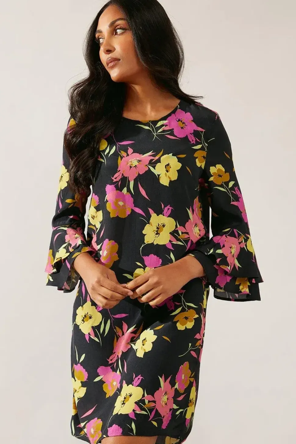 Petite Black Floral Flute Sleeve Shift Dress
