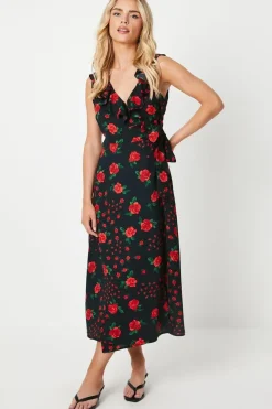 Petite Black Floral Frill Detail Neck Wrap Midi Dress