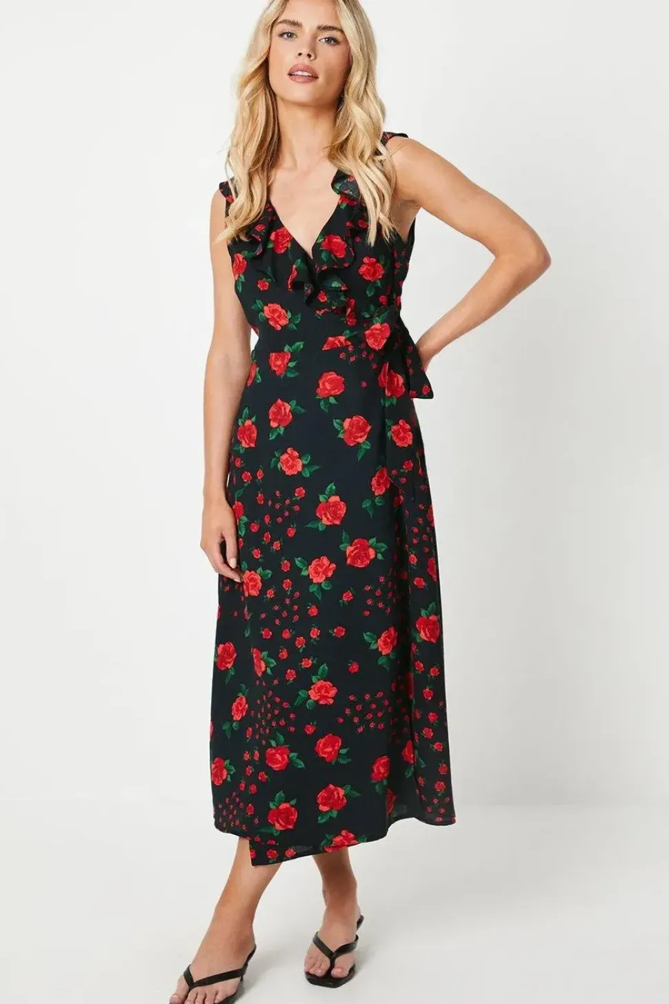 Petite Black Floral Frill Detail Neck Wrap Midi Dress
