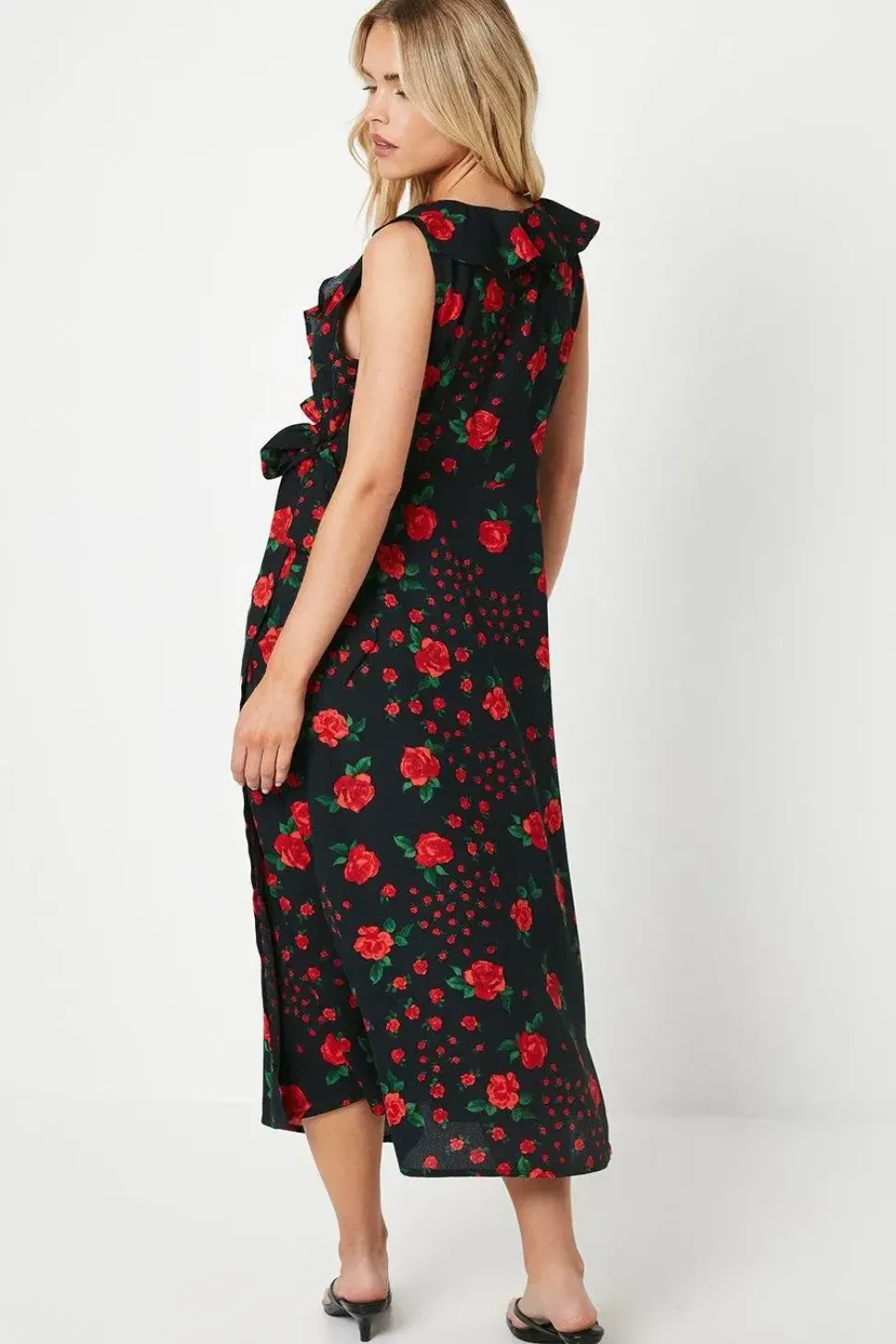 Petite Black Floral Frill Detail Neck Wrap Midi Dress