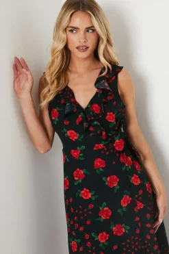 Petite Black Floral Frill Detail Neck Wrap Midi Dress