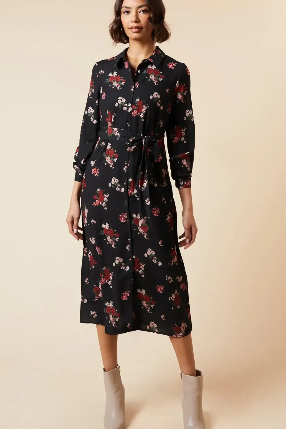 Petite Black Floral Long Sleeve Midi Shirt Dress