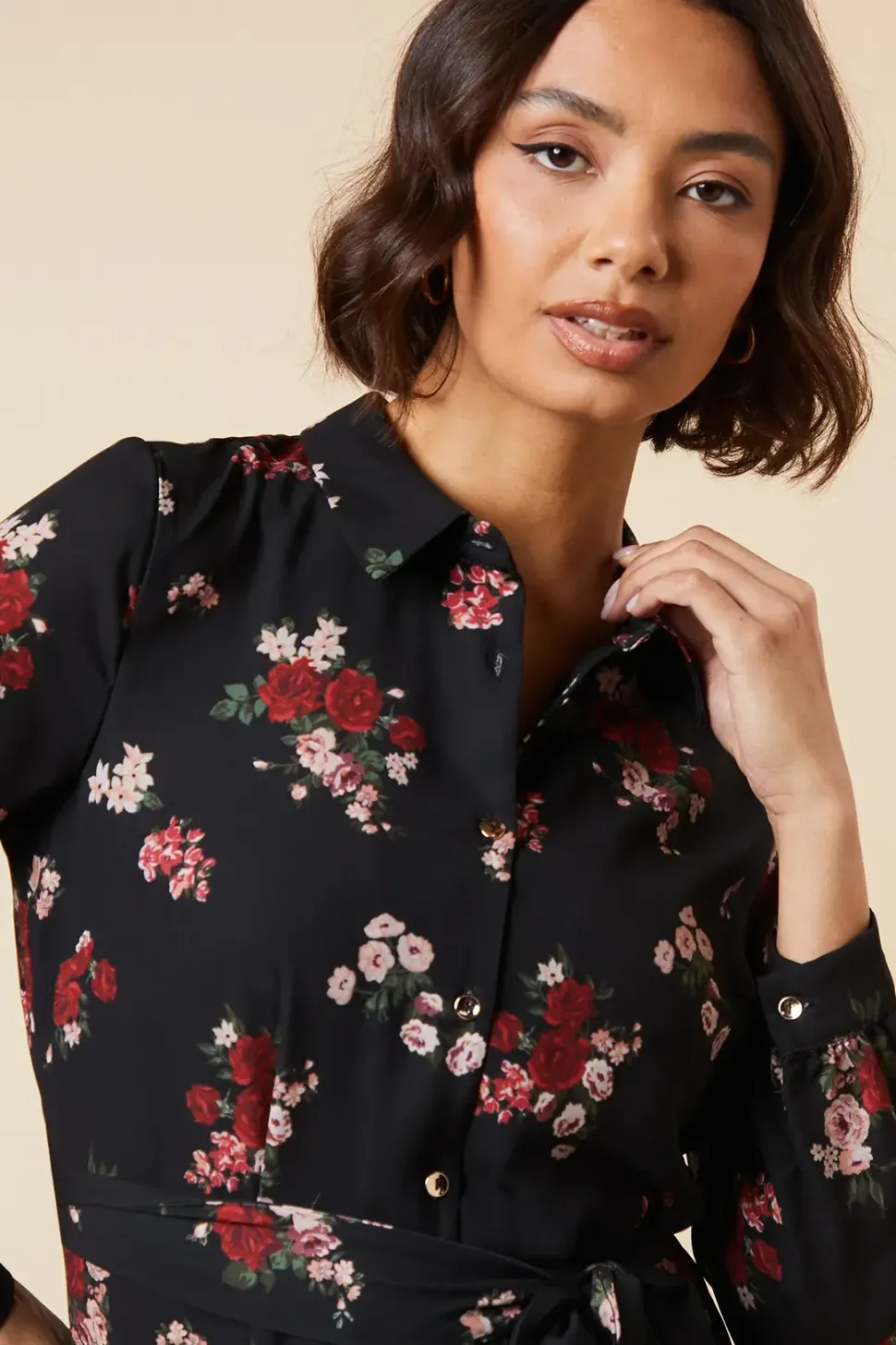Petite Black Floral Long Sleeve Midi Shirt Dress