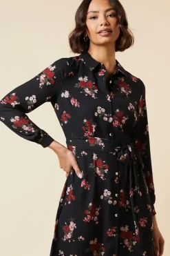 Petite Black Floral Long Sleeve Midi Shirt Dress