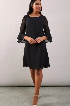 Petite Black Flute Sleeve Shift Dress