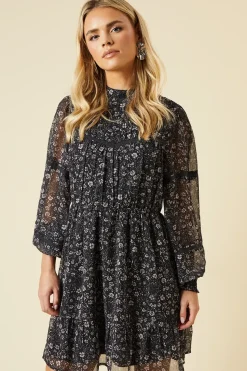 Petite Black Paisley Floral Chiffon Pleated Yoke Mini Dress