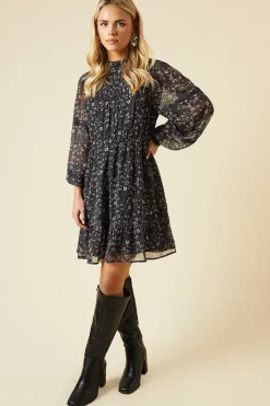 Petite Black Paisley Floral Chiffon Pleated Yoke Mini Dress