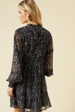 Petite Black Paisley Floral Chiffon Pleated Yoke Mini Dress