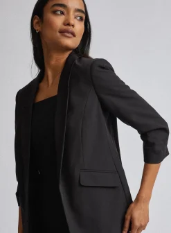 Petite Black Ruched Sleeve Blazer