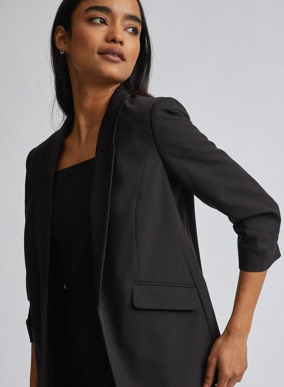 Petite Black Ruched Sleeve Blazer