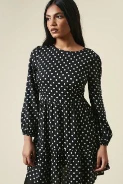 Petite Black Spot Tiered Hem Mini Dress