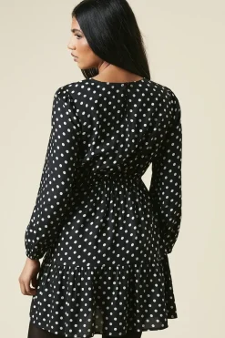 Petite Black Spot Tiered Hem Mini Dress