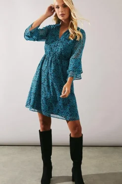 Petite Blue Abstract Shirred Waist Midi Dress