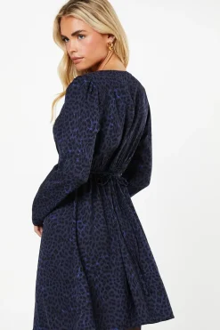 Petite Blue Animal Shirred Shoulder Empire Long Sleeve Mini Dress