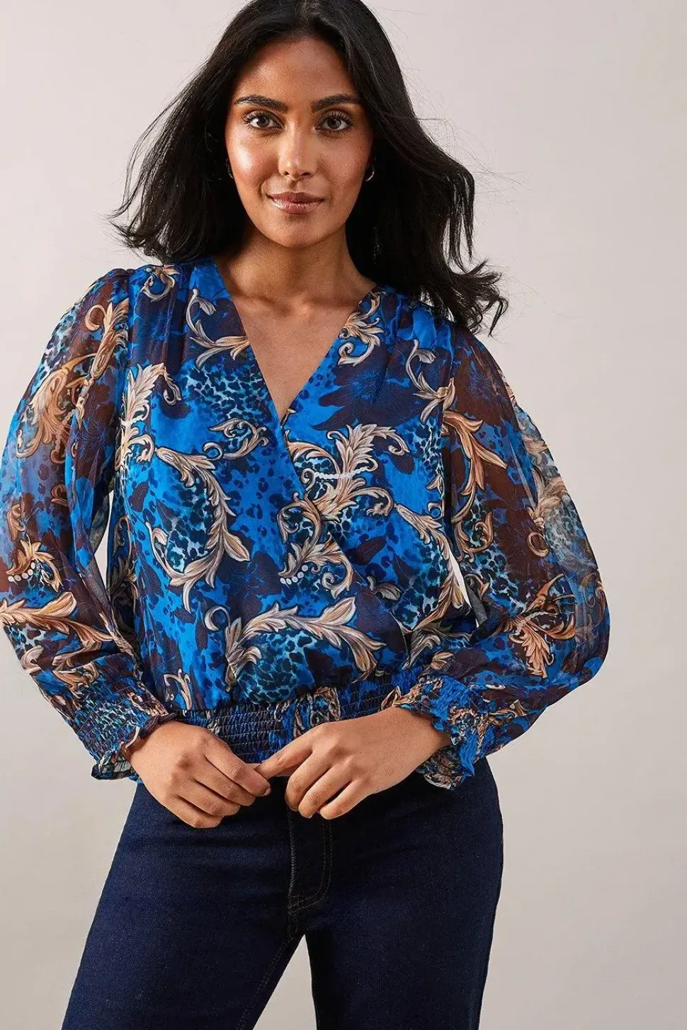 Petite Blue Baroque Wrap Blouse