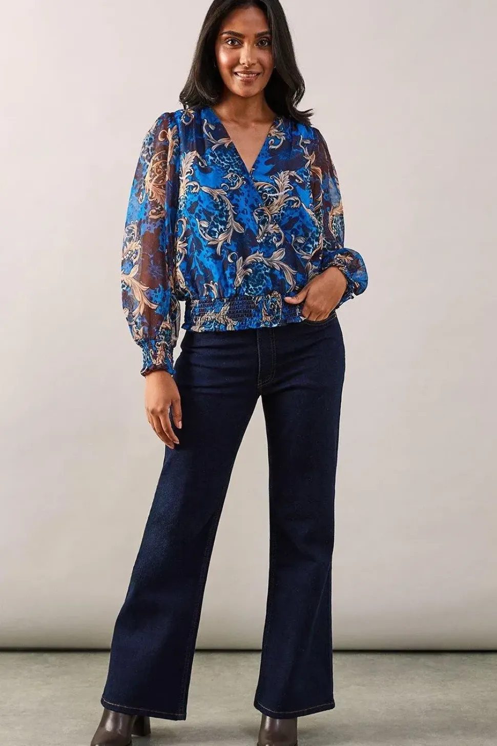 Petite Blue Baroque Wrap Blouse