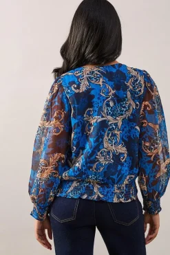 Petite Blue Baroque Wrap Blouse