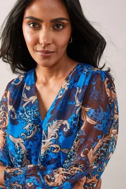 Petite Blue Baroque Wrap Blouse