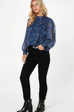 Petite Blue Ditsy Chiffon High Neck Long Sleeve Blouse